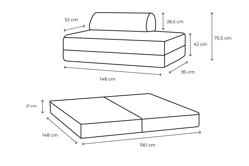 Canapé droit convertible et modulable 2 places - Tissu lisse - Bleu