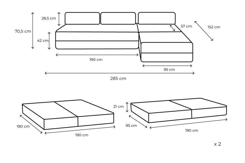Canapé d'angle convertible 6 places - Tissu lisse - Marron