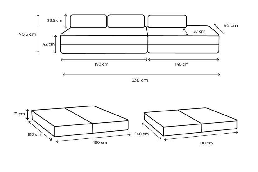 Canapé droit convertible 5 places - Tissu lisse - Gris