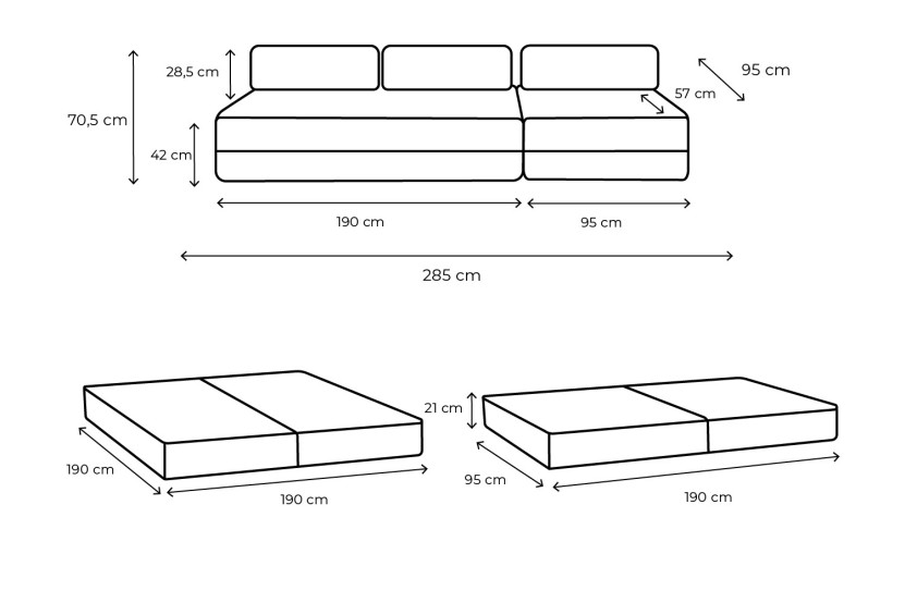 Canapé droit convertible 4 places - Tissu lisse - Vert
