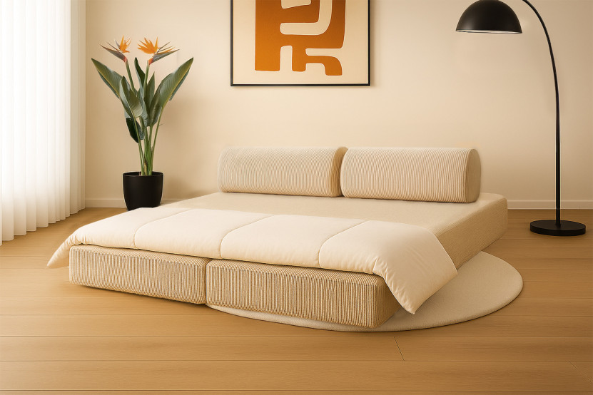 Canapé droit convertible 3 places - Velours côtelé - Beige