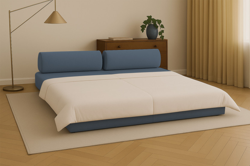 Canapé droit convertible 3 places - Tissu lisse - Bleu