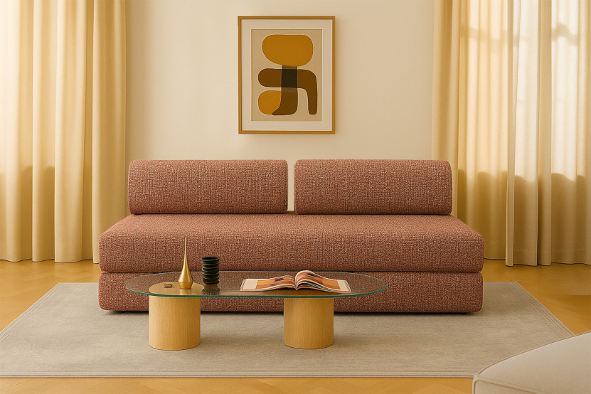 Canapé droit convertible 3 places - Tissu tweed - Rouge