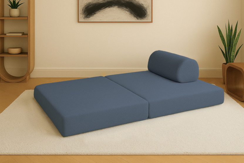 Canapé droit convertible et modulable 2 places - Tissu lisse - Bleu