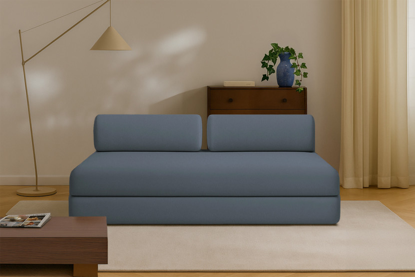 Canapé droit convertible 3 places - Tissu lisse - Bleu