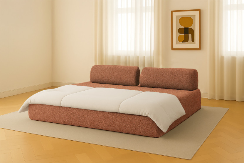 Canapé droit convertible 3 places - Tissu tweed - Rouge