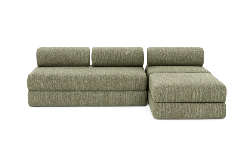 Canapé d'angle 6 places - 3 modules convertibles : Canapé 3 places + Fauteuil + Pouf - Tissu tweed Vert
