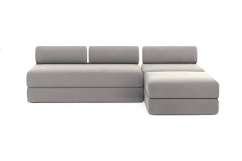 Canapé d'angle 6 places - 3 modules convertibles : Canapé 3 places + Fauteuil + Pouf - Tissu lisse Gris clair