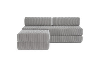 Canapé d'angle 4 places - 2 modules convertibles : Canapé 3 places + Pouf - Velours côtelé Gris clair