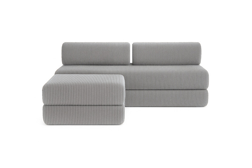 Canapé d'angle 4 places - 2 modules convertibles : Canapé 3 places + Pouf - Velours côtelé Gris clair