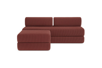 Canapé d'angle 4 places - 2 modules convertibles : Canapé 3 places + Pouf - Velours côtelé Rouge