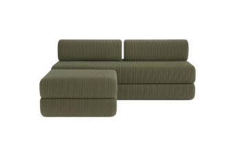 Canapé d'angle 4 places - 2 modules convertibles : Canapé 3 places + Pouf - Velours côtelé Vert