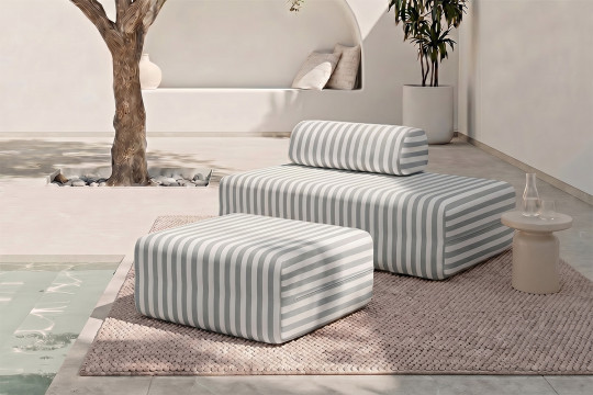 Pouf modulable - Tissu extérieur à rayures, blanc et gris