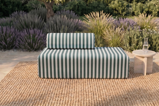 Canapé 2 places modulable - Tissu extérieur à rayures, blanc et vert foncé